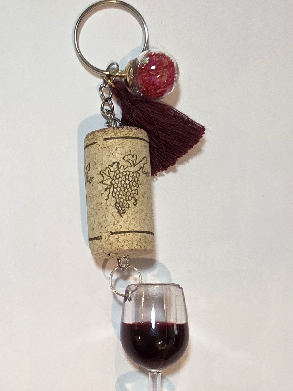 Handmade Real Wine Cork & Glass Keychain with Burgundy Tassel